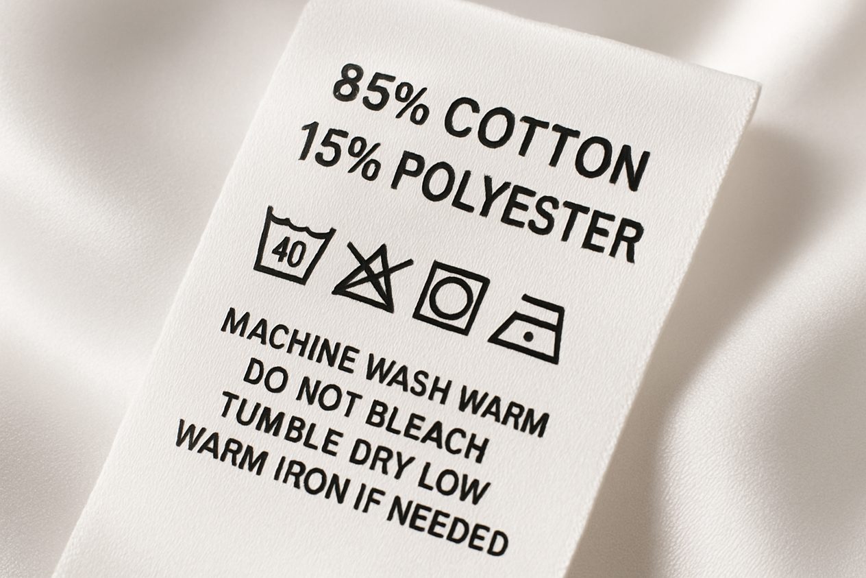 Printed care and content label with fiber percentages and symbols