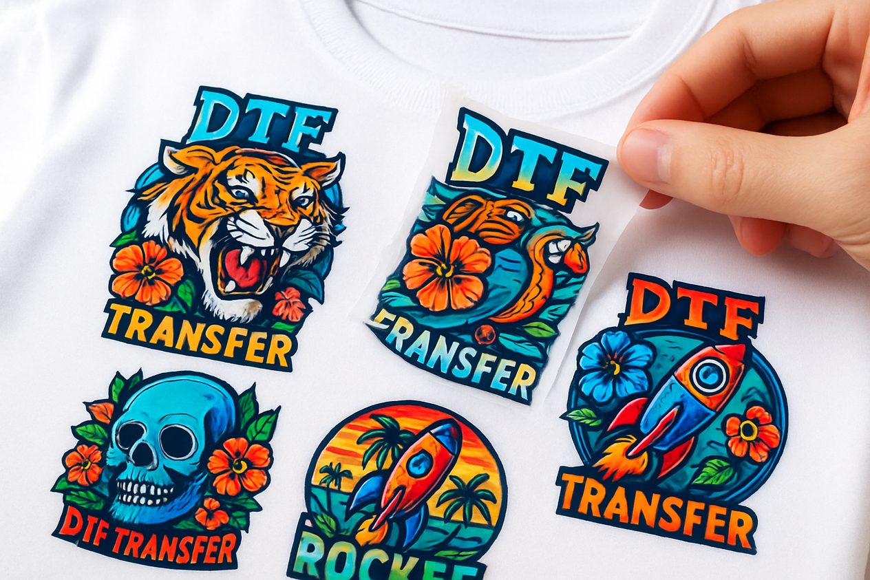 Colorful DTF direct-to-film transfer label peeling from film