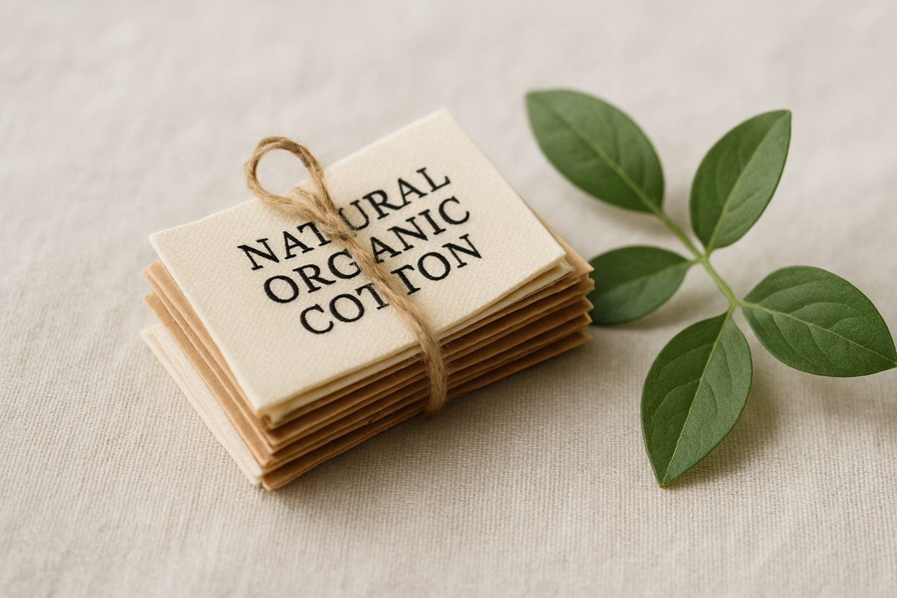 Sustainable printed label sewn into a seam