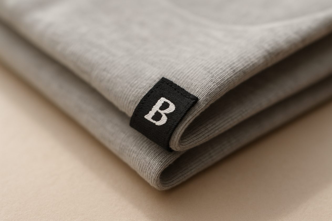 Custom woven hem flag label on a garment side seam