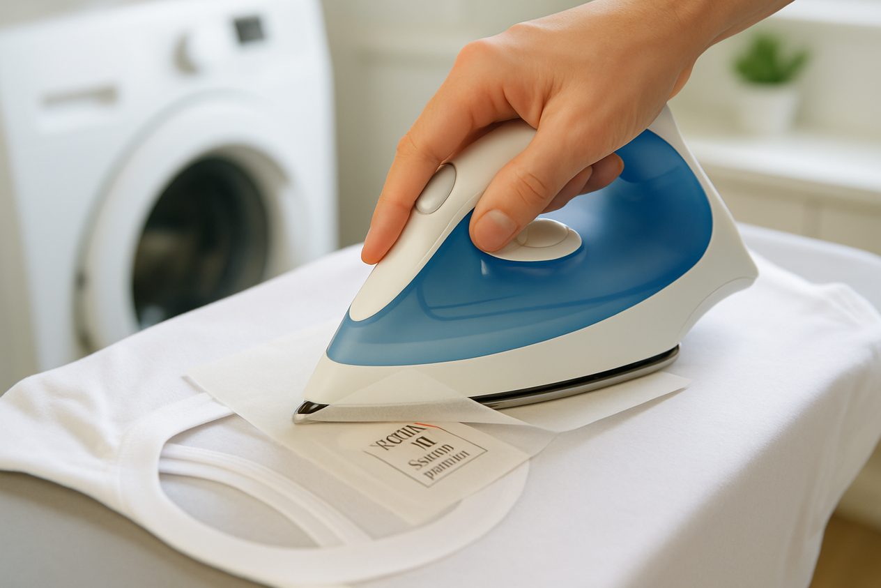 Applying an iron-on label to a t-shirt with a household iron