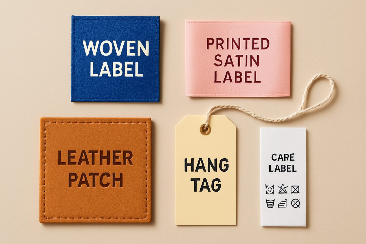 An assortment of different clothing label and tag types