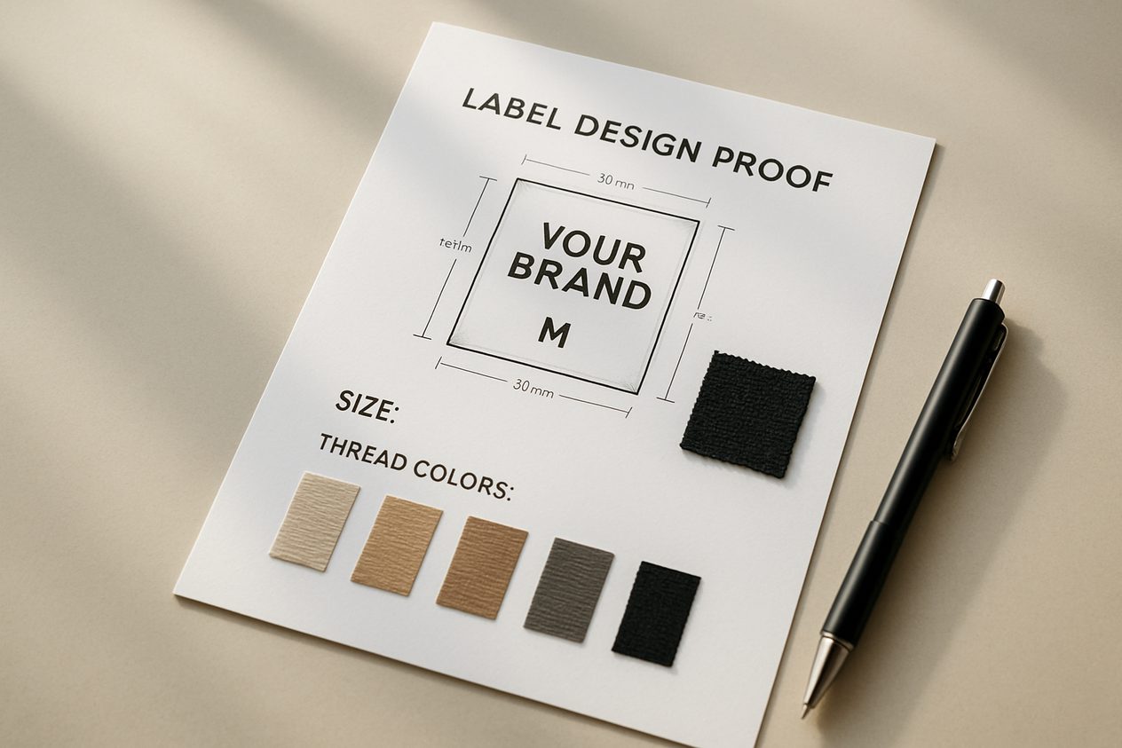 A custom label design proof with material and color swatches and a black-and-white preview
