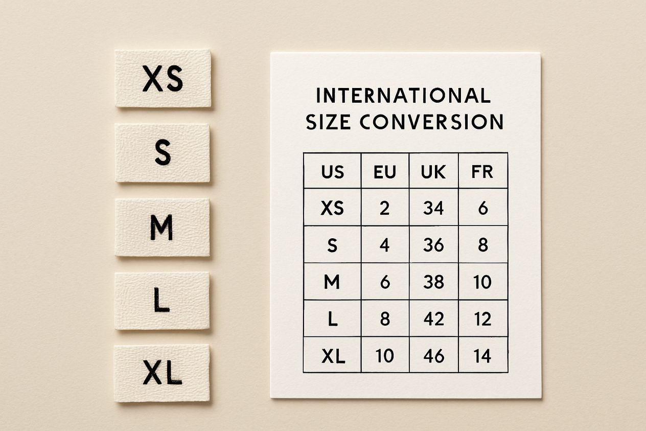 Woven size labels with an international size conversion chart