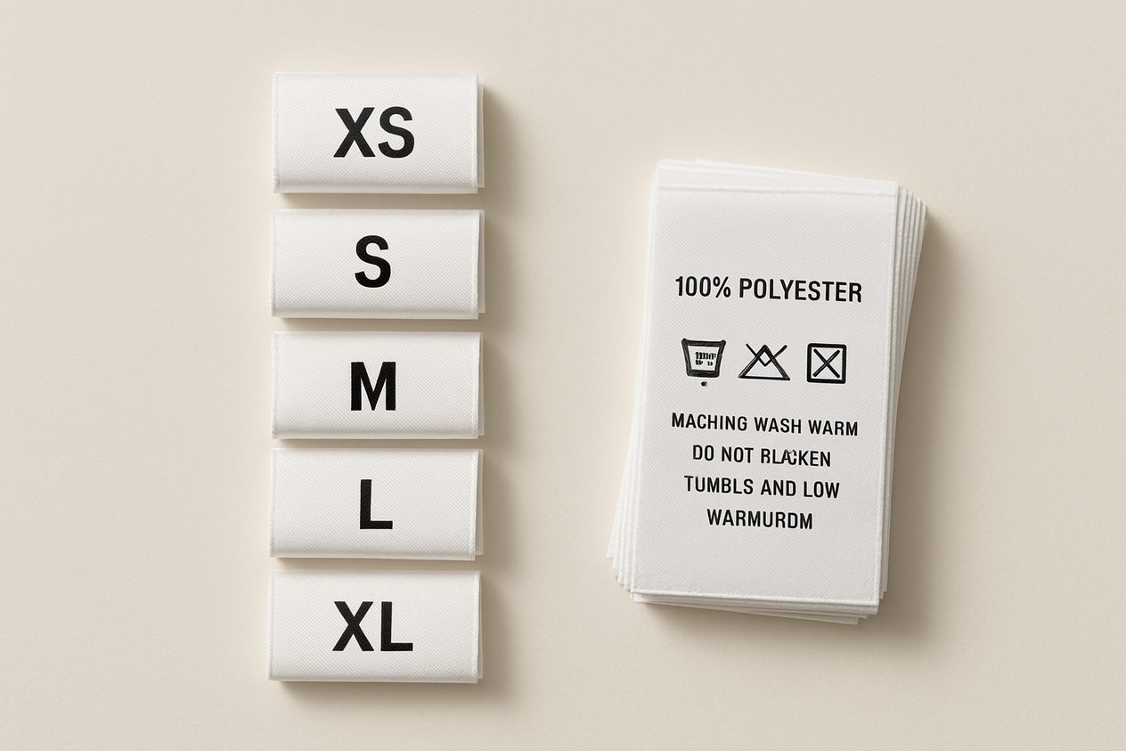 Stacks of plain stock size and care labels
