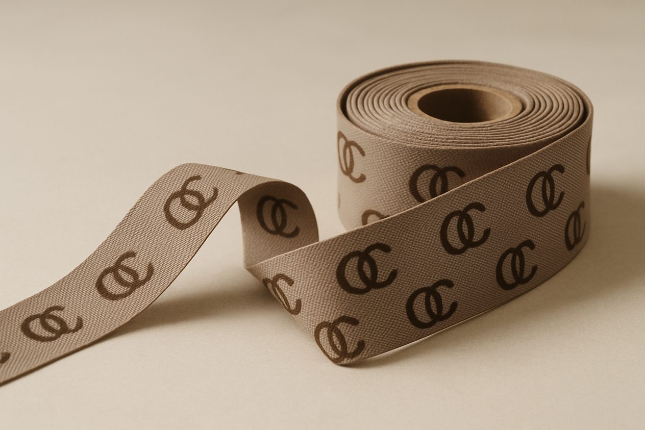 Roll of custom woven branded ribbon with repeating logo