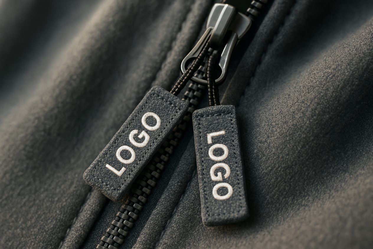 Custom woven branded zipper pulls on a jacket
